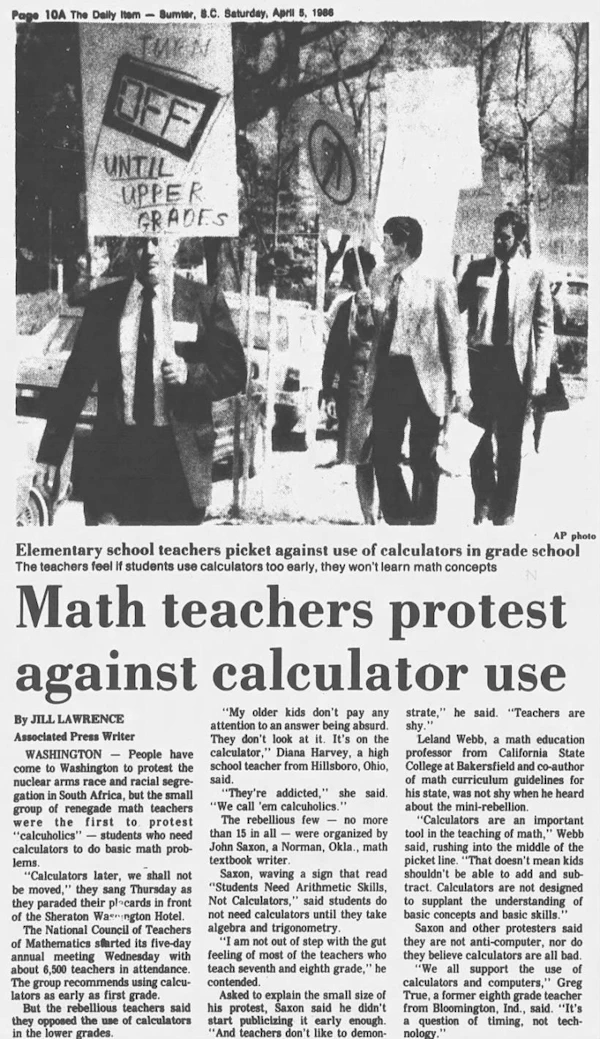 Maths teachers picketing against calculator use outside the National Council of Teachers of Mathematics annual meeting in Washington DC, April 1986