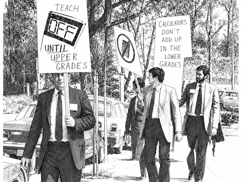 Line drawing of teachers protesting about calculator use.