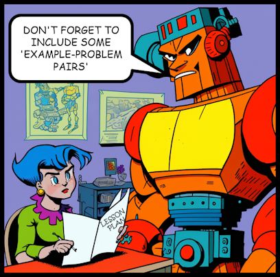 Cartoon of robot helping the teacher with her lesson plan