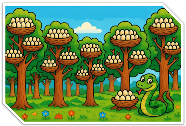 A wood with birds' nests and a snake