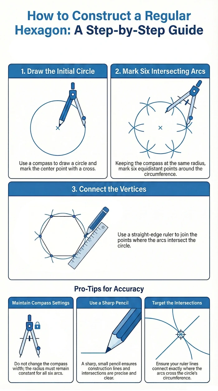 Step-by-step instructions for drawing a hexagon