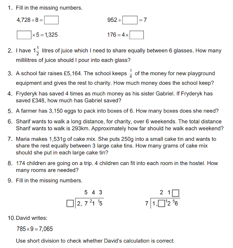 Year5 Division Non-Statutory Guidance Example Assessment Questions