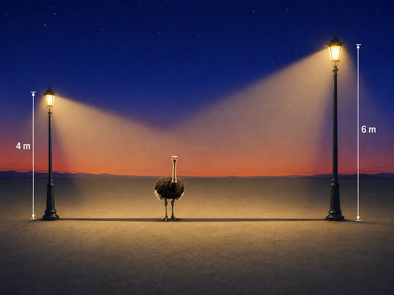 An ostrich, two shadows and two lampposts.