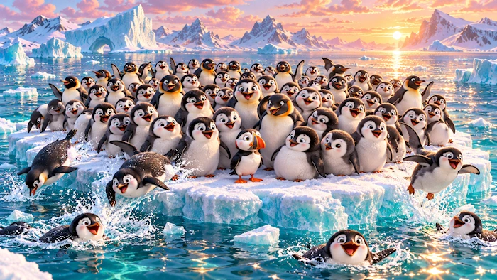 Penguins and a puffin