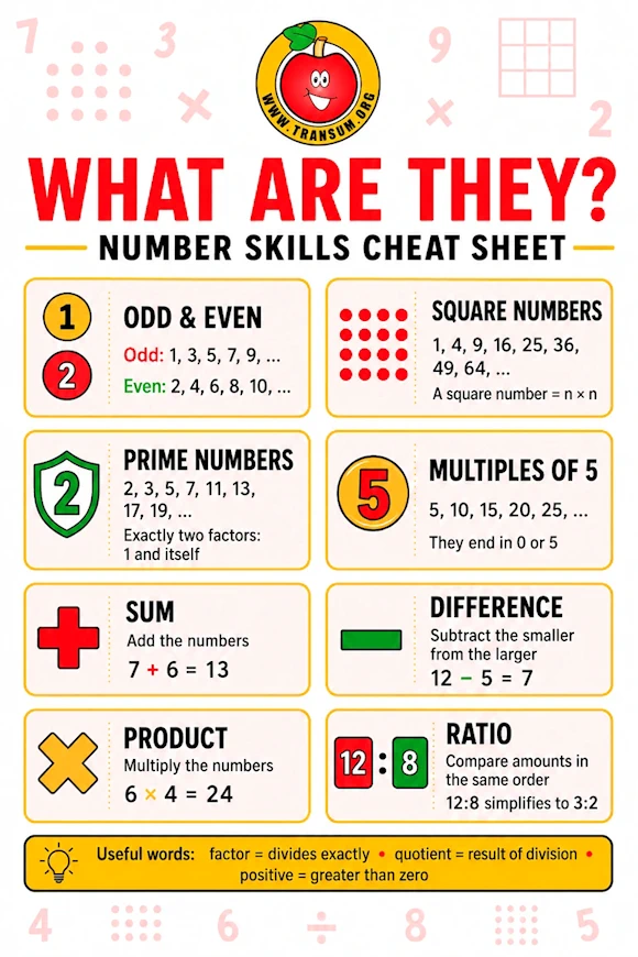 A cheat sheet of the number facts you need to know in order to do this exercise